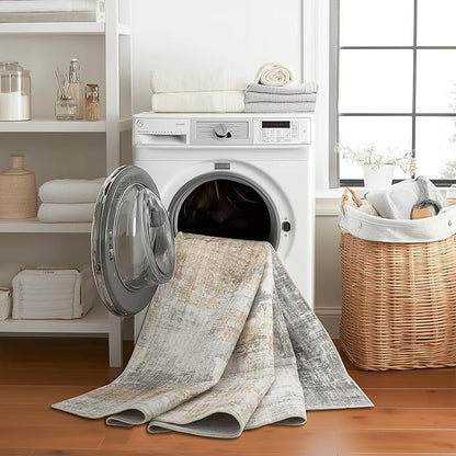 ReaLife Rugs Machine Washable Area Rug - Living Room Bedroom Bathroom Kitchen Entryway Office - Padded Low Pile Stain Resistant Premium - Modern Abstract Contemporary - Quinn - Beige 4' x 6'