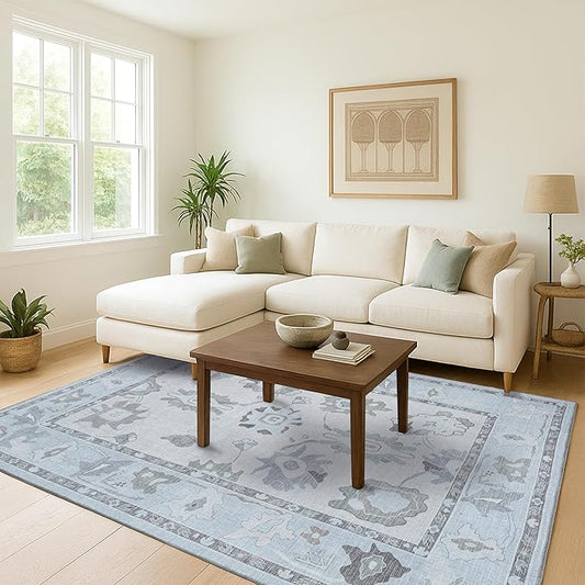 Fame Living Cream Beige Oushak Rug, Modern, Vintage, Turkish, Eclectic, Floral, Pastel, Washable, Area Rugs for Living Room, Dining, Bedroom, Office, Entryway, Foyer, Playroom, Nursery, 5'x6'9"