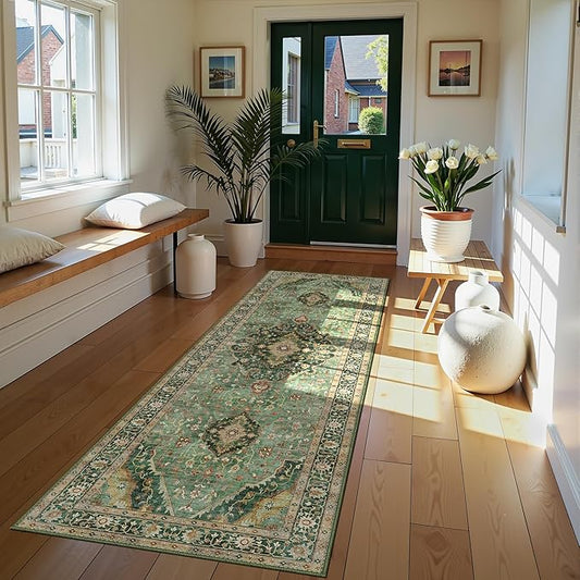 3x7 Runner Rugs for Hallway Non-Slip Hallway Runner Rug with Rubber Backing Washable Rug Runner for Kitchen Bedroom Vintage Distressed Carpet (Border Green)