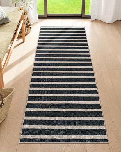 Lahome Striped Easy Jute Kitchen Runner, 2x6 Washable Rug Runners for Hallways Non Slip Entryway Rug, Farmhouse Neutral Indoor Outdoor Black Carpet for Laundry Room Front Porch