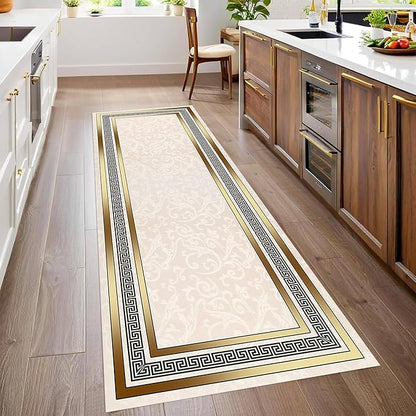 Classic Bohemian Hallway Rugs, 2x6ft, Western Retro Greek Key Beige Fade Resistant Hall Rug, Washable Kitchen Low-Pile Floor Carpet Runners for Bathroom Laundry