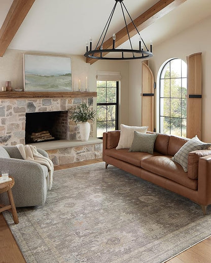 Loloi Magnolia Home by Joanna Gaines Millie Collection MIE-05 Stone/Natural 5'-3" x 5'-3", .25" Pile Height, Round Area Rug