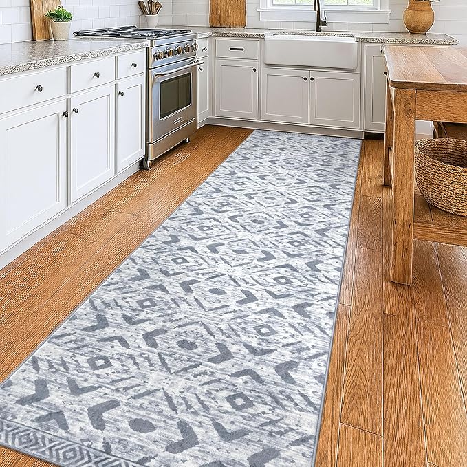 KILOCOCO Hallway Runner Rug 3'x10' Washable Printed Moroccan Runner Rug Non Slip Entryway Runners Soft Indoor Long Floor Rugs for Bedroom Kitchen Living Room Geometric Boho Carpet Runners, Grey White