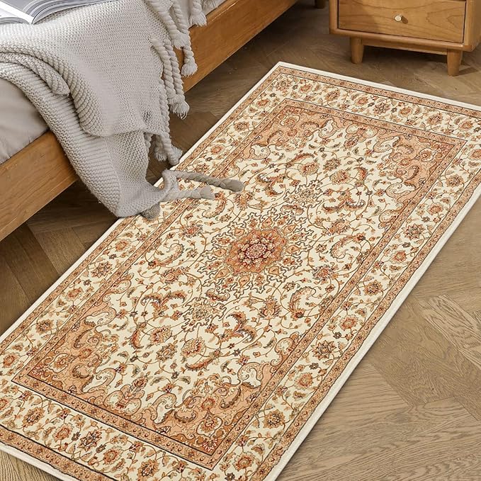 COMSLE Boho Area Rug, 2' x 4' Machine Washable Rugs for Entryway Faux Wool Small Rugs Distressed Throw Rug Non-Slip Floor Carpet for Indoor Bedroom Kitchen Living Room Cream/Beige-2