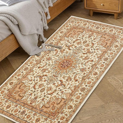 COMSLE Boho Area Rug, 2' x 4' Machine Washable Rugs for Entryway Faux Wool Small Rugs Distressed Throw Rug Non-Slip Floor Carpet for Indoor Bedroom Kitchen Living Room Cream/Beige-2