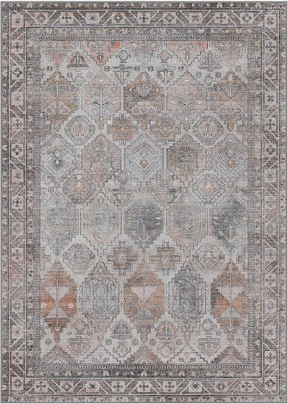 Bavni Washable Rug 9x12 Area Rug for Living Room Bedroom Dining, Washable Vintage Print Carpet, Ultra-Thin Chenille Low Pile Lightweight Rug with Non Slip Backing, Retro Grey