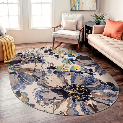 Rugshop Cream Bright Flowers Non Slip Non-Shedding Oval Area Rug for Dining Room, Living Room and Bedroom, 5' x 7'