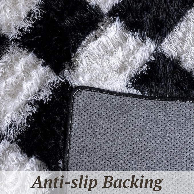 6x9 Area Rugs for Living Room Bedroom, Soft Fluffy Shaggy Bedside Rug, Indoor Floor Carpet for Kids Playroom, Dorms, Nursery Rooms, Home Decor (Black & White 6'x9')
