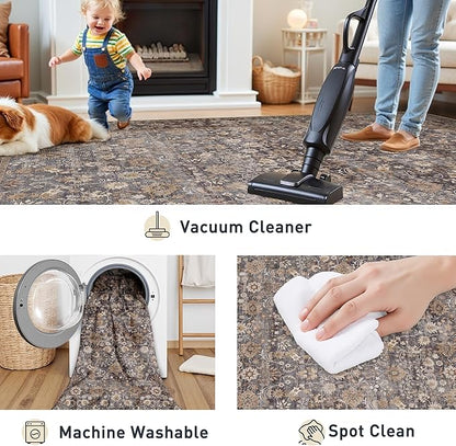 HUGEAR 3x10 Runner Rug Machine Washable Tradition Brown Hallway Area Rug Indoor Accent Rug Floral Low Pile Carpet Soft Throw Rug Bedroom Living Room Office Dining Room Kitchen Laundry Room Non Slip