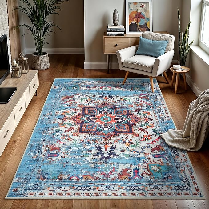 GLN Rugs Traditional Collection - Machine Washable Area Rug, Traditional Washable, Non Slip, Low Pile Chenille Rug, Living Room, Bedroom, Kitchen Rug (5' x 7' Blue/Multicolor)