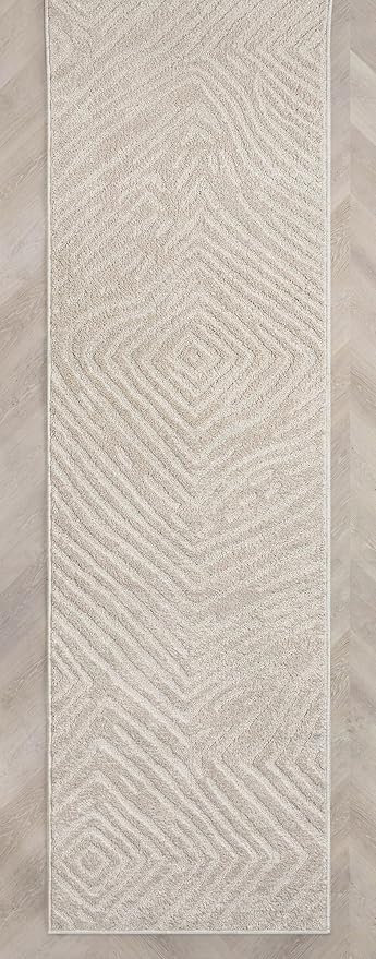 Well Woven Custom Size Hallway Stair Runner - Choose Your Length - 27 Inches Wide x 13 Feet Long Runner (27" x 13' Runner) Rug - Ivory Relajo Soft Touch, Modern Geometric - Hi-Lo Pile