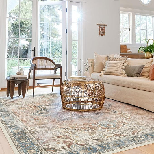 RUGGABLE Washable Vintage Area Rug – Kamran Coral 10x14, Stain-Resistant, Non-Slip – Large Machine Washable Rugs for Living Room, Bedroom, Hallway, Entryway & Office–with Cushioned Pad