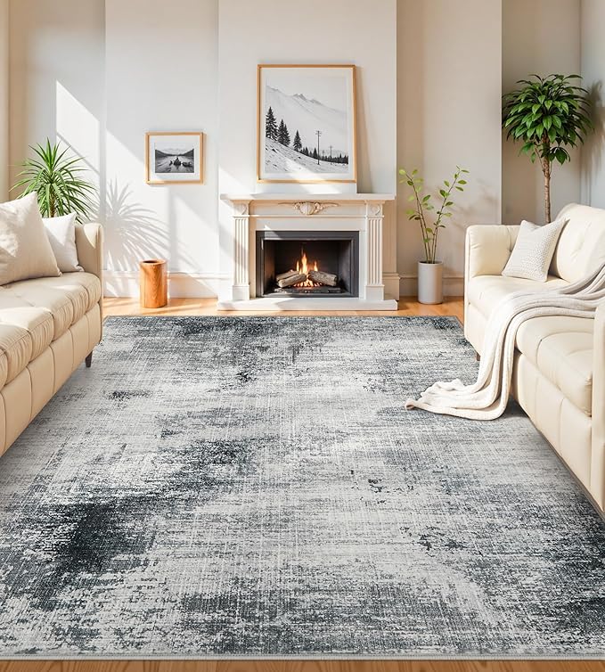 10x14 Washable Area Rugs - Modern Abstract Large Rugs for Living Room Non-Slip Low Pile Soft Machine Washable Carpet for Bedroom, Under Dining Table, Nursery, Farmhouse (10'x14' Dark Grey)