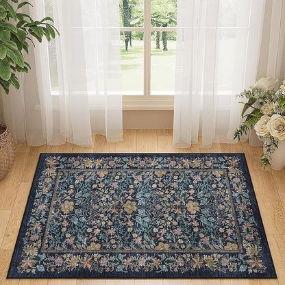 DUKINO 2x3 Entryway Rug, Floral Washable Area Rug with Non Slip Indoor Door Mat, Vintage Low Pile Small Front Door Throw Carpet for Kitchen, Entrance, Bathroom, Bedroom, Dark Blue