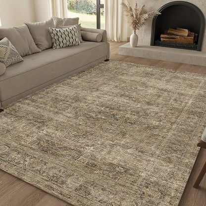 FMFUNCTEX 5x7 Washable Area Rug Neutral Vintage Brown Distressed Non Slip Low Pile Traditional Indoor Carpet for Living Room Bedroom Soft Retro Mat Throw Rug for Dining Office Kitchen Dorm Entryway