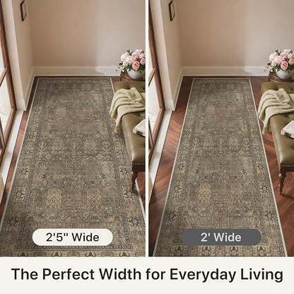 Bavni 2'6''x6 Rug Runners for Hallways, Washable Runner Rug Non Slip, Vintage Floral Print Style Rugs for Bedroom-Lightweight Low Pile Carpet for Hallways Bathroom, Brown