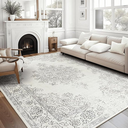 ReaLife Rugs Machine Washable Area Rug - Living Room Bedroom Bathroom Kitchen Entryway Office - Padded Low Pile Stain Resistant Premium - Boho Farmhouse Vintage - Paige - Ivory 5' x 7'
