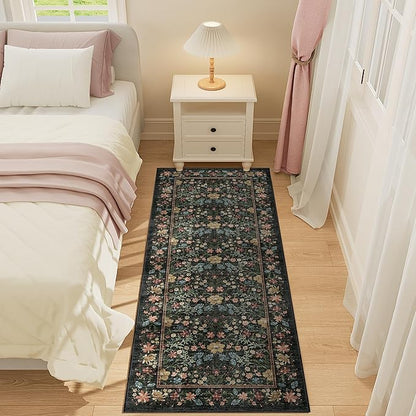 DUKINO 2x5 Washable Runner Rug, Floral Non Slip Bathroom Rugs with Soft Low Pile Design, Lightweight Non-Shedding Carpet Runner for Bathroom, Kitchen, Hallway, Bedroom, Laundry, Black
