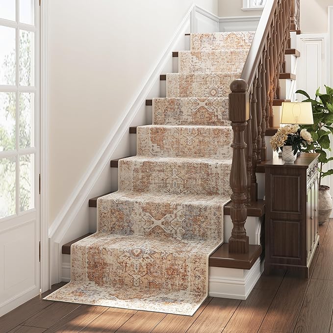 jinchan Kelda Runner Rug 3x8 Vintage Hallway Rug Washable Runner Retro Floor Cover Lightweight Non-Slip Low Pile Thin Distressed Carpet for Entryway Bathroom Laundry Room Bedroom Stairway Brick Red