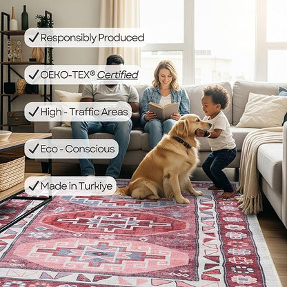 Fame Rugs Turkish Rug. Washable Vintage Oriental Antique Inspired Traditional Doormat Small Modern Area Rugs Luxury Entryway Entry Bedroom Bathroom Kitchen (378RR, 2'5 x 9'8)