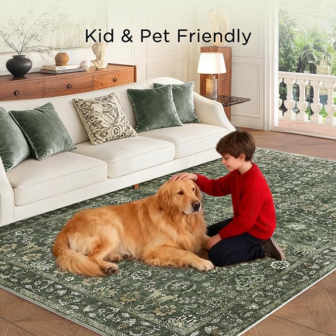 9x12 Area Rug for Living Room, Soft Large Rugs Green Washable Carpet, Indoor Vintage Rugs for Bedroom Dining Room Office, Rubber Backed Non Slip Low Pile Mat, Dark Olive Green
