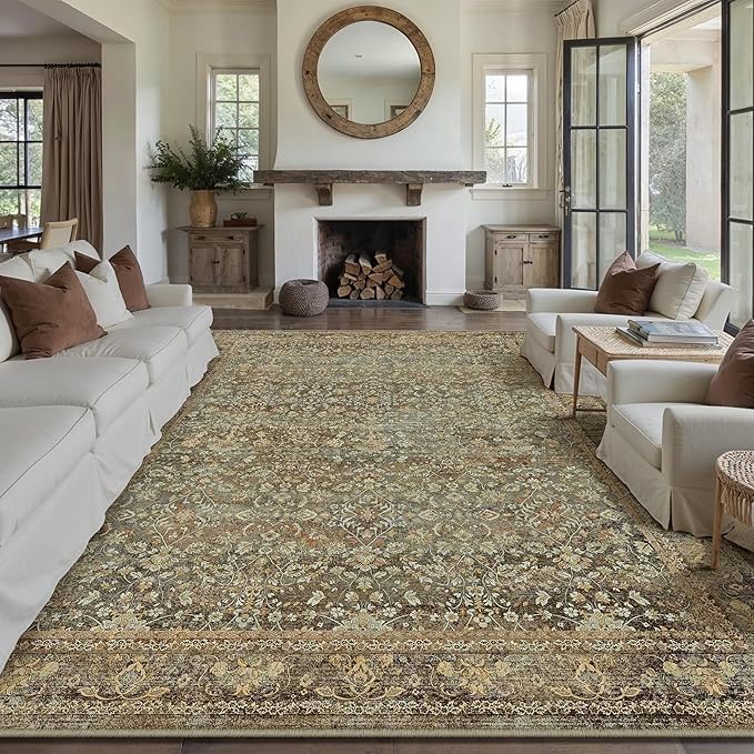 Area Rug 8x10 Brown Living Room Washable Vintage Carpet Non Slip Indoor Retro Traditional Accent Throw Large Rug for Office Bedroom Dining Room Playroom