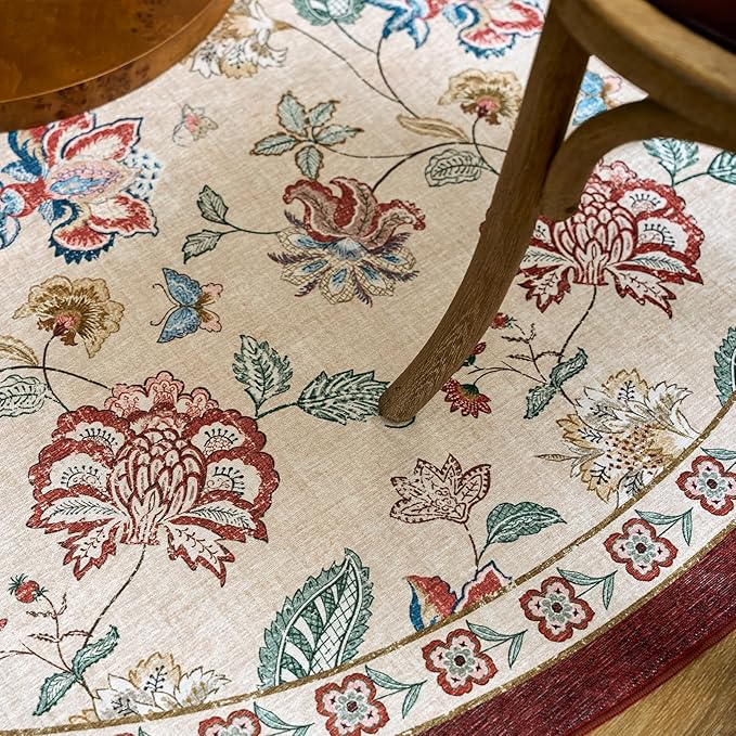 jinchan Elora Floral Corner Rug for Entryway Washable Kitchen Rug Vintage Romance Design Non Slip Quarter Circle Lightweight Low-Pile Throw Carpet for Playroom Reading Nook, 4ft Radius, Red/Beige