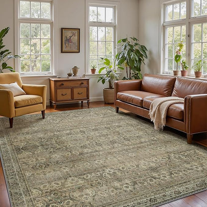 8x10 Area Rug Machine Washable Boho Rug for Living Room,Ultra-Thin Low Pile Carpet,Lightweight Indoor Printed Rug,Non Slip Floral Area Rug for Bedroom, Dining Room, Home Office,Sage