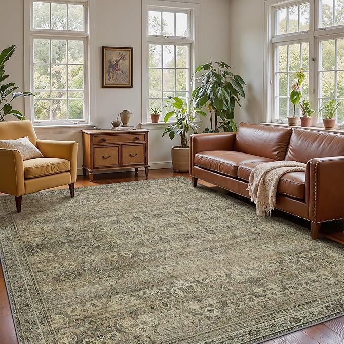 6x9 Area Rug Machine Washable Boho Rug for Living Room,Ultra-Thin Low Pile Carpet,Lightweight Indoor Printed Rug,Non Slip Floral Area Rug for Bedroom, Dining Room, Home Office,Sage