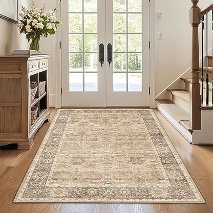 4x6 Washable Area Rug for Living Room Bedroom Dining Room Non-Slip Low Pile Boho Vintage Distressed Entryway Rug Traditional Floral Retro Accent Throw Carpet for Dining Room Bathroom Kitchen Beige