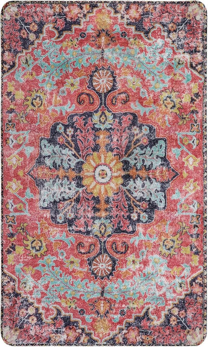 Lahome Bohemian Floral Medallion Area Rug - 3x5 Hot Pink Rug for Girls Room Front Entry Mat, Non-Slip Machine Washable Soft Throw Carpet for Bathroom Apartment Entrance Laundry, Fuchsia/Multi