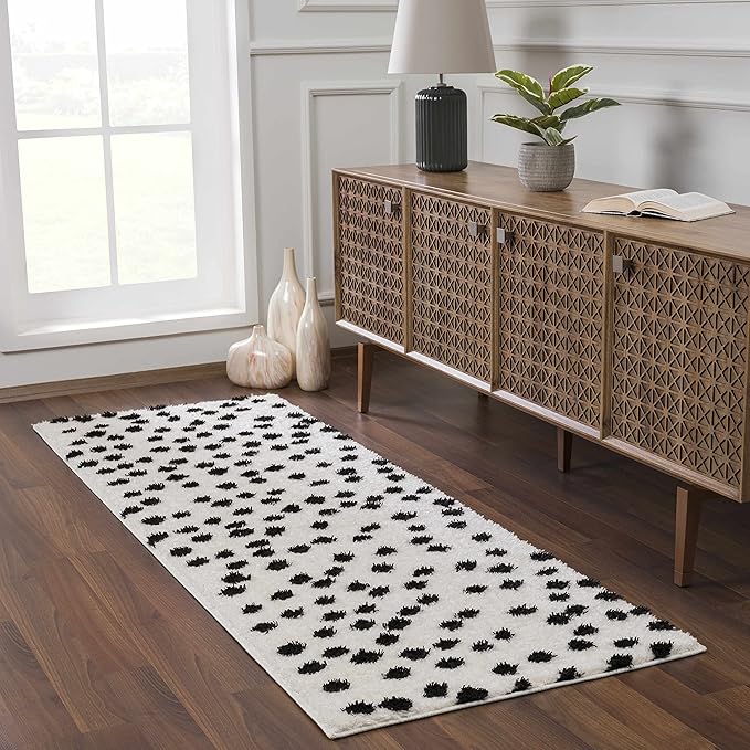 Hauteloom Tilos Dalmatian Small Shag Area Rug Door Mat - Shaggy Carpet - Dot Pattern - High Plush Pile - Black, White - 2' x 3'