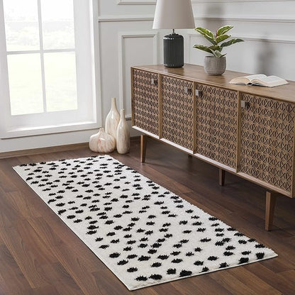 Hauteloom Tilos Dalmatian Small Shag Area Rug Door Mat - Shaggy Carpet - Dot Pattern - High Plush Pile - Black, White - 2' x 3'