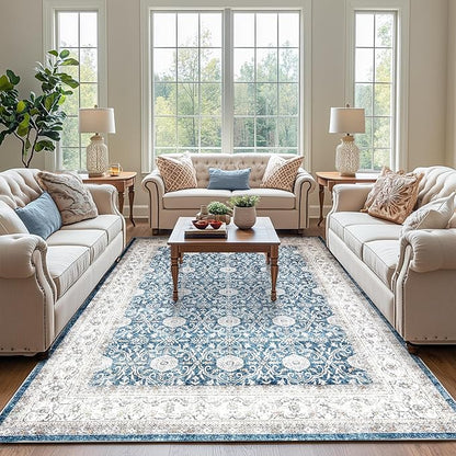 jinchan Floral 6x9 Area Rug for Living Room - Machine Washable Vintage Distressed Boho Design Throw Rug Stain Resistant Carpet Low-Pile Thin Non-Slip for Bedroom Dining Room Nursery (6‘x9', Dark Blue)
