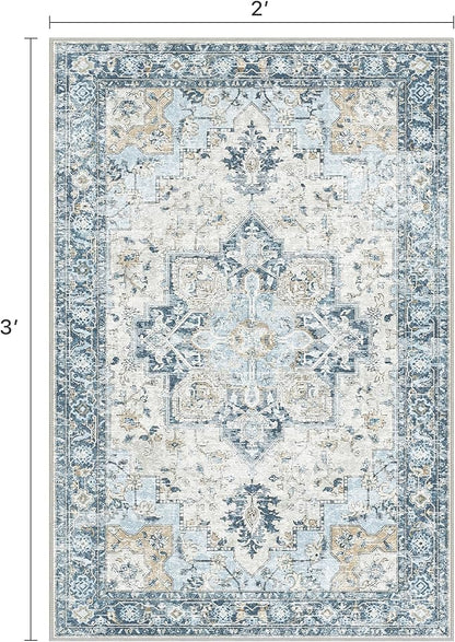 Area Rug 2x3 Doormat, Machine Washable Low Pile Vintage Rugs, Small Lightweight Rug Entryway Indoor Mat for Entrance, Hallway, Kitchen and Corridor, Blue