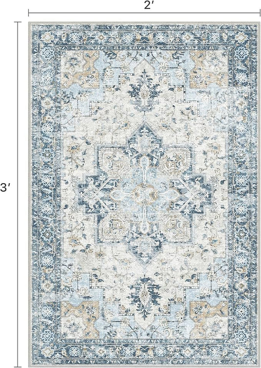 Area Rug 2x3 Doormat, Machine Washable Low Pile Vintage Rugs, Small Lightweight Rug Entryway Indoor Mat for Entrance, Hallway, Kitchen and Corridor, Blue