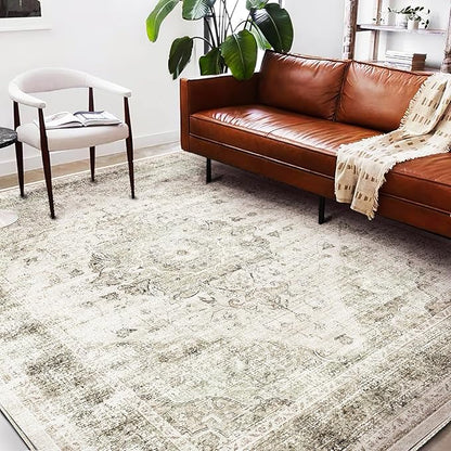 Washable Area Rug 10'x14' Floral Khaki Boho Design Non-Shedding Easy Care Ideal for High Traffic Areas in Living Room Bedroom Office Coffee Table Kitchen Large Carpet