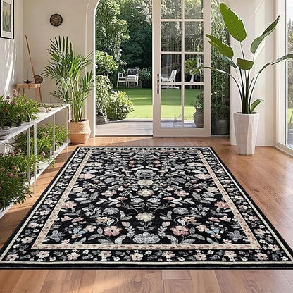 GarveeHome Floral Rug 4 x 6, Non-Shedding Indoor Foldable Printed Rug for Bedroom Kitchen, Non-Slip Soft Vintage Throw Low Pile Farmhouse Washable Carpet, Black