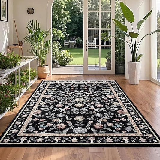 GarveeHome Floral Rug 4 x 6, Non-Shedding Indoor Foldable Printed Rug for Bedroom Kitchen, Non-Slip Soft Vintage Throw Low Pile Farmhouse Washable Carpet, Black