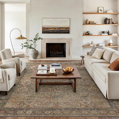 Bavni Washable Rug 9x12 Area Rug for Living Room Bedroom Dining, Washable Vintage Print Carpet, Ultra-Thin Chenille Low Pile Lightweight Rug with Non Slip Backing, Warm Taupe