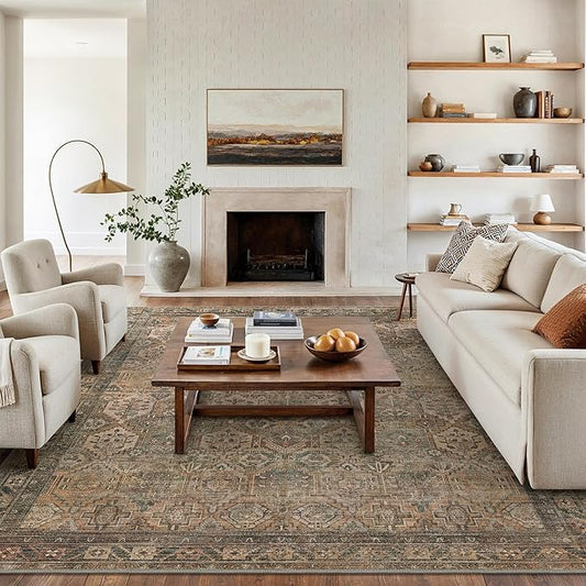 Bavni Washable Rug 5x7 Area Rug for Living Room Bedroom Dining, Washable Vintage Print Carpet, Ultra-Thin Chenille Low Pile Lightweight Rug with Non Slip Backing, Warm Taupe