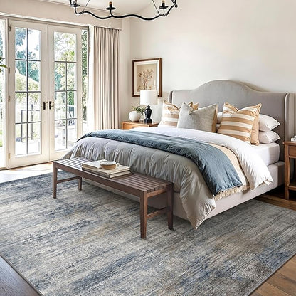 GENIMO Washable Area Rugs for Living Room, 8x10 Modern Non Slip Rugs, Low Pile Lightweight Soft Print Rug for Bedroom, Dining Room, Home Office, Denim Blue Gray