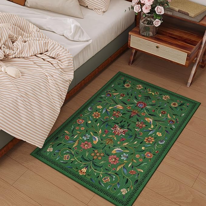 Vintage Medallion Floral Indoor Door Mat 2x3, Machine Washable Entryway Rug, Low Pile Soft Small Carpet, Non-Slip Area Rug for Entrance, Bedroom, Kitchen & Kids Room | Green