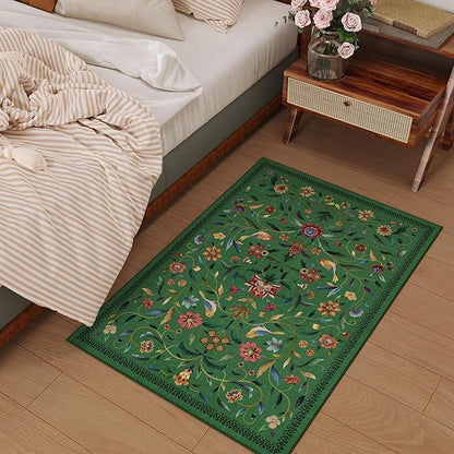 Vintage Medallion Floral Indoor Door Mat 2x3, Machine Washable Entryway Rug, Low Pile Soft Small Carpet, Non-Slip Area Rug for Entrance, Bedroom, Kitchen & Kids Room | Green