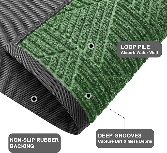 Kitinjoy Front Door Mat Outside Entrance, Sturdy Natural Dirt Trapper, Heavy Duty Rubber Doormat, Low Profile Non-Slip Backing, Easy Clean Floor Mat for Indoor Outdoor Entry, 35X23 Inch, Green