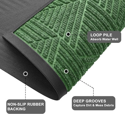 Kitinjoy Front Door Mat Outside Entrance, Sturdy Natural Dirt Trapper, Heavy Duty Rubber Doormat, Low Profile Non-Slip Backing, Easy Clean Floor Mat for Indoor Outdoor Entry, 35X23 Inch, Green