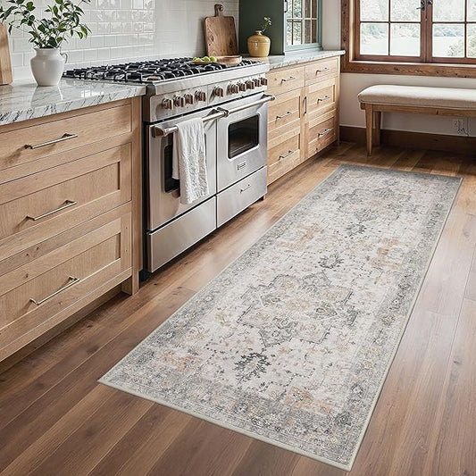 Runner Rug 2'6''x6 Non Slip Machine Washable Vintage Hallway Runner Rug, Low PileLight Weight Rugs for Entryway, Hallway, Kitchen and Corridor, Light Taupe Brown