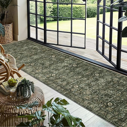Morebes Vintage 2x10 Runner Rug for Hallway Non Slip,Washable Kitchen Runner Rug for Entryway Indoor,Super Soft Faux Wool Rug for Farmhouse Dining Room Indoor Playroom, Dark Green