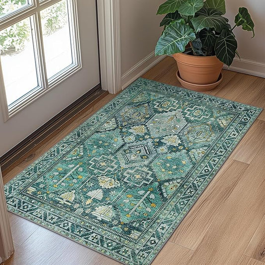 Bavni 2x3 Entryway Rug Bathroom Rugs for Front Door Bedroom Bathroom Kitchen, Washable Vintage Print Carpet, Ultra-Thin Chenille Lightweight Rug with Non Slip Backing, Dark Green