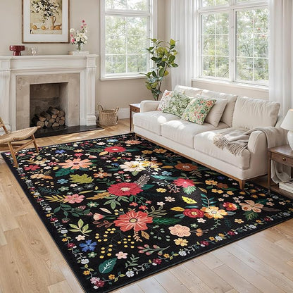 Living Room Rug 6x9 Rug Machine Washable Boho Area Rug Non Slip Floral Vintage Low Pile Large Rugs for Living Room, Bedroom, Farmhouse, Dining Room (Black)